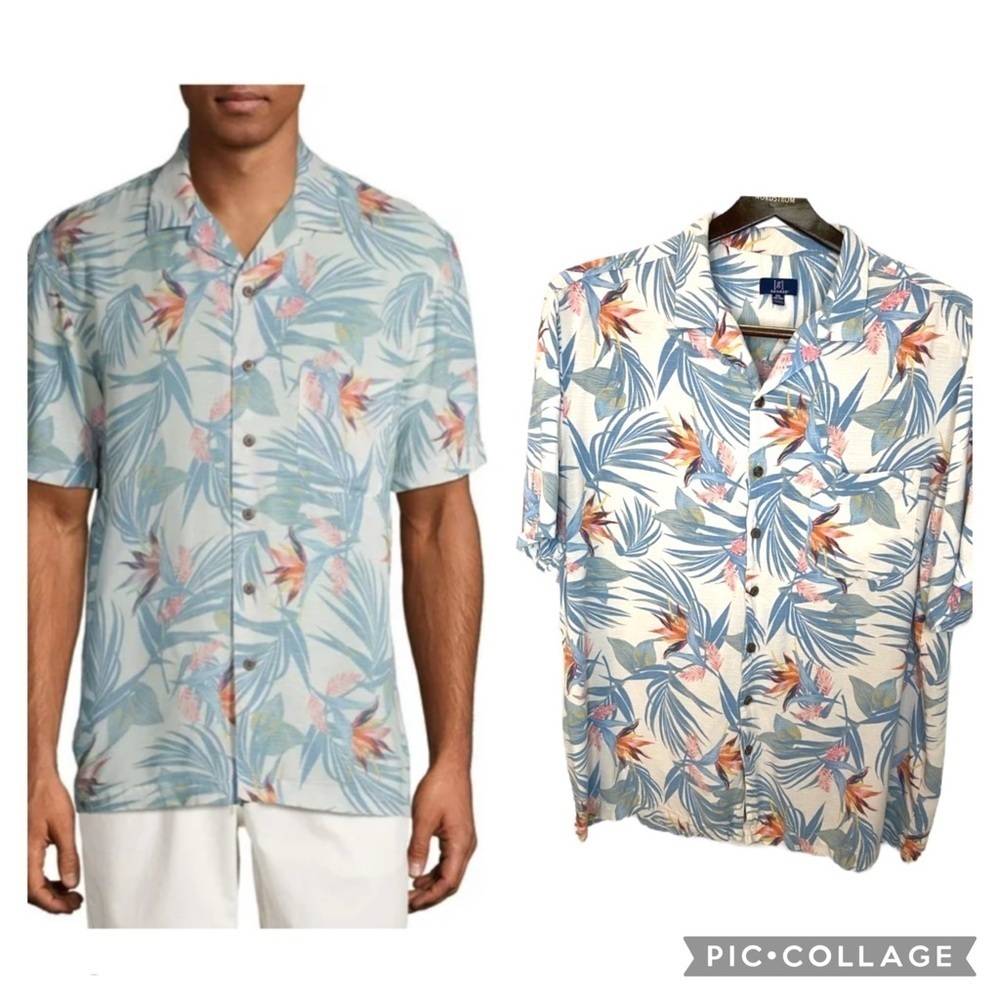 George Men's Tropical Hawaiian Print Shirt Size 2XL Blue and White